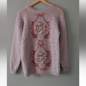 Vintage Wisteria Mohair Wool Michelle Stuart Lilac Handknit Floral Sweater